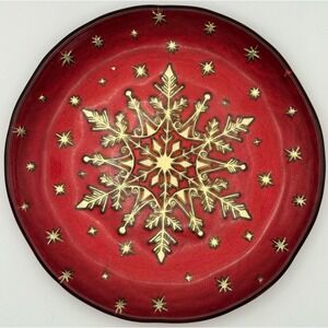 Red Snowflake Serving Platter Holiday Plate Gold Snowflake Rustic Decor Round